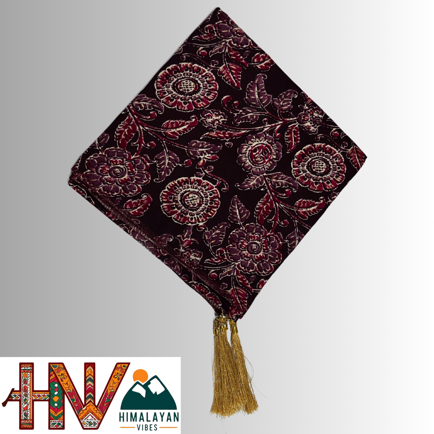 Himalayan Vibes Rayon Wine Color Himachali Dhatu with Leaf Print - Handcrafted Traditional Head Scarf from Himalayas