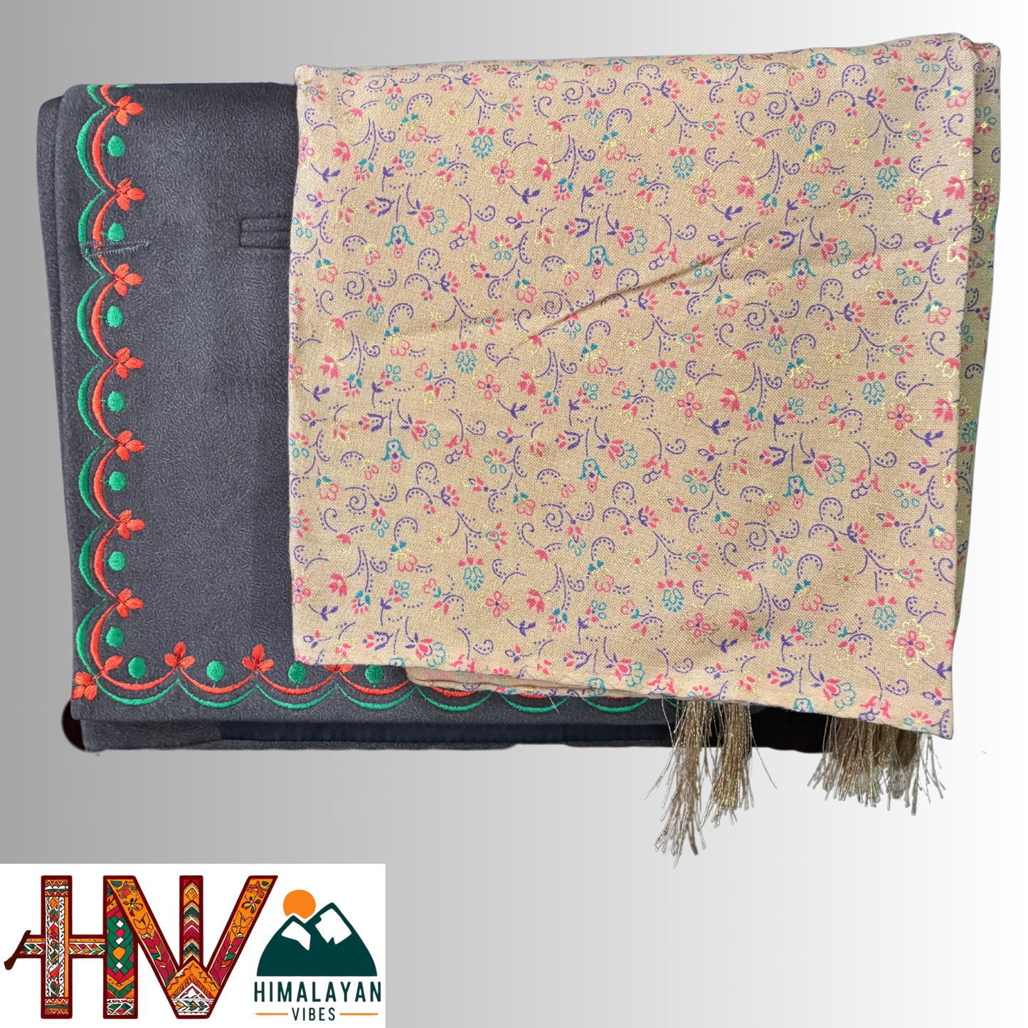 Embroidered dark grey sadri & Tan color dhatu combo