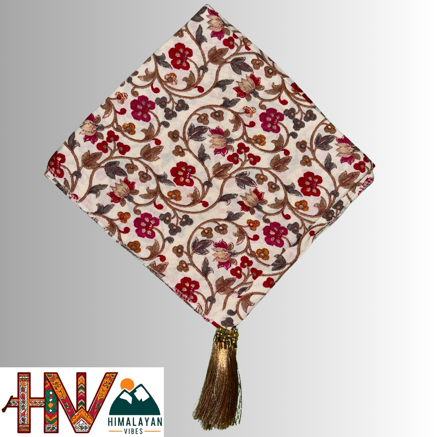 Himalayan Vibes Off White Color Himachali Dhatu with Flower Print - Handcrafted Traditional Head Scarf from Himalayas