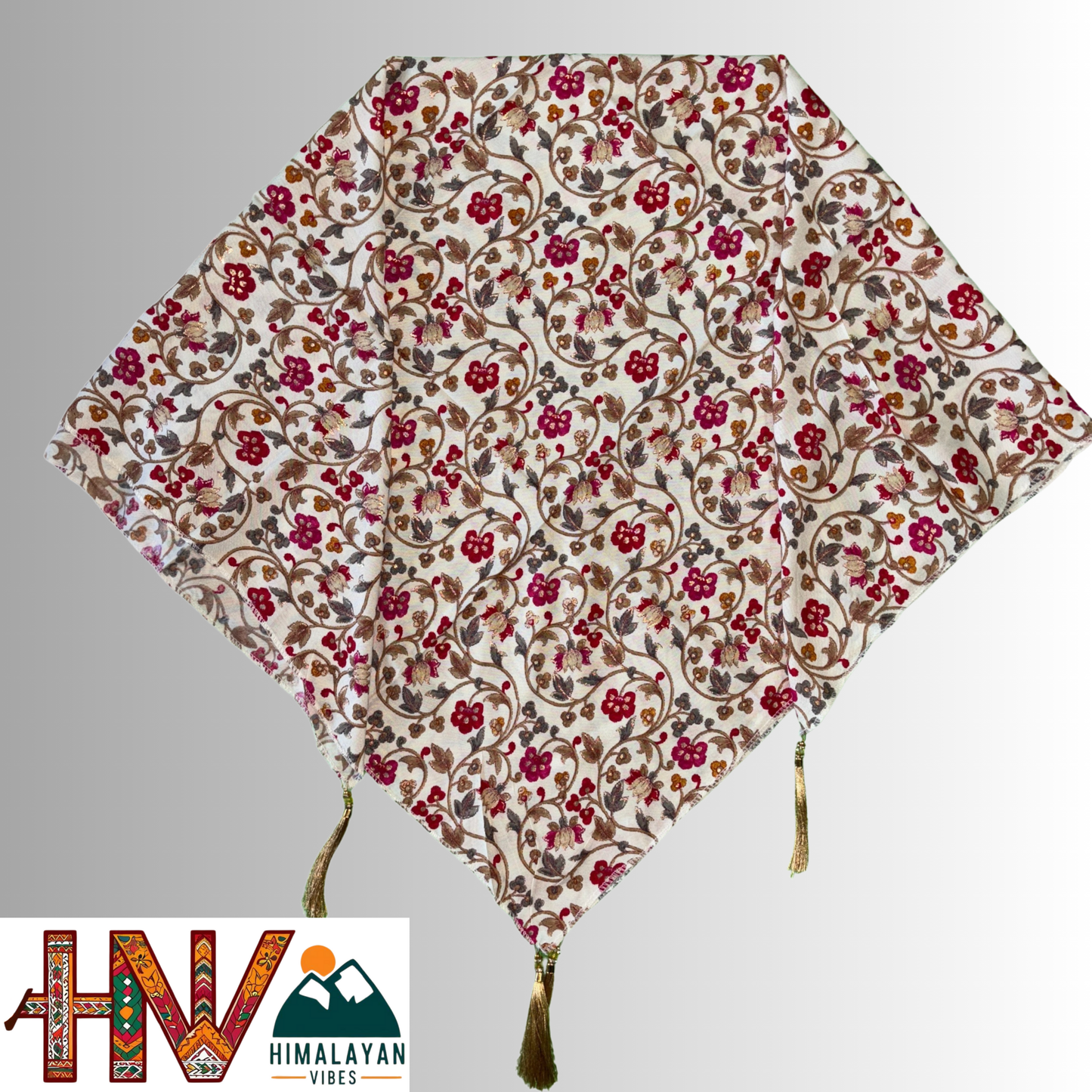 Himalayan Vibes Off White Color Himachali Dhatu with Flower Print - Handcrafted Traditional Head Scarf from Himalayas