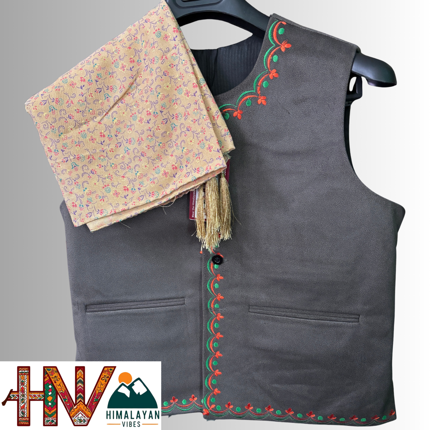 Embroidered dark grey sadri & Tan color dhatu combo