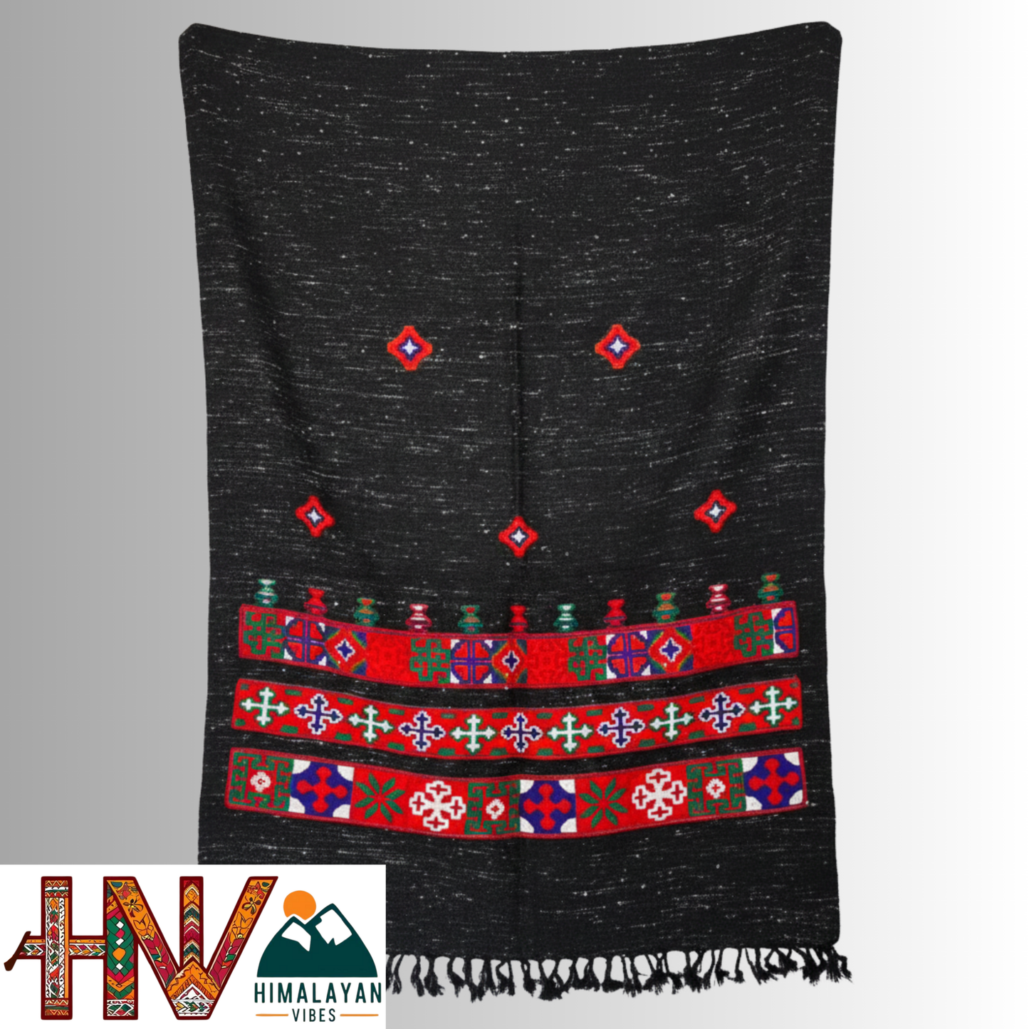 Handwoven Black Kinnauri Woolen Stole with Traditional Kinnauri Patti Geometric Motifs with red Border– Handwoven Elegance By Himalayan Vibes