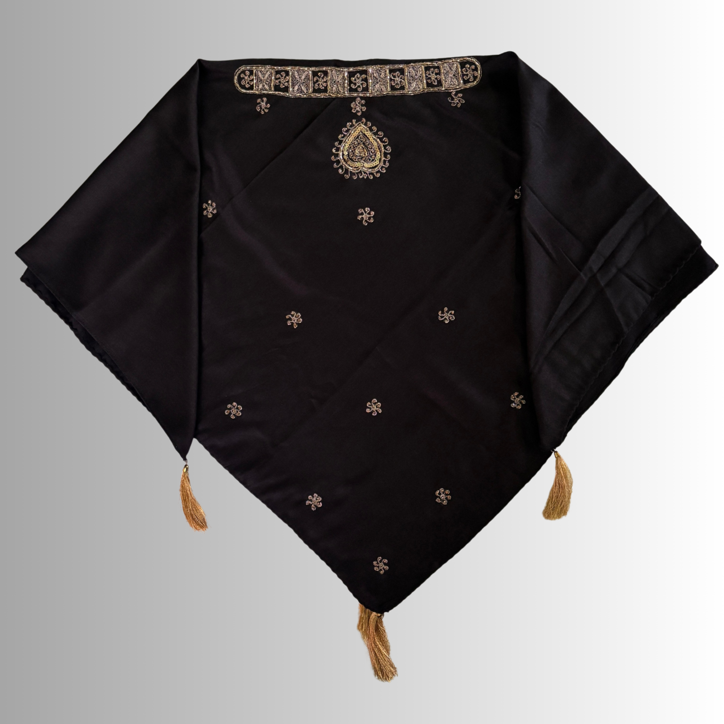 Handcrafted Himachali Black Rayon Dhatu with Golden Embroidery – A Unique Embroidered Head Scarf
