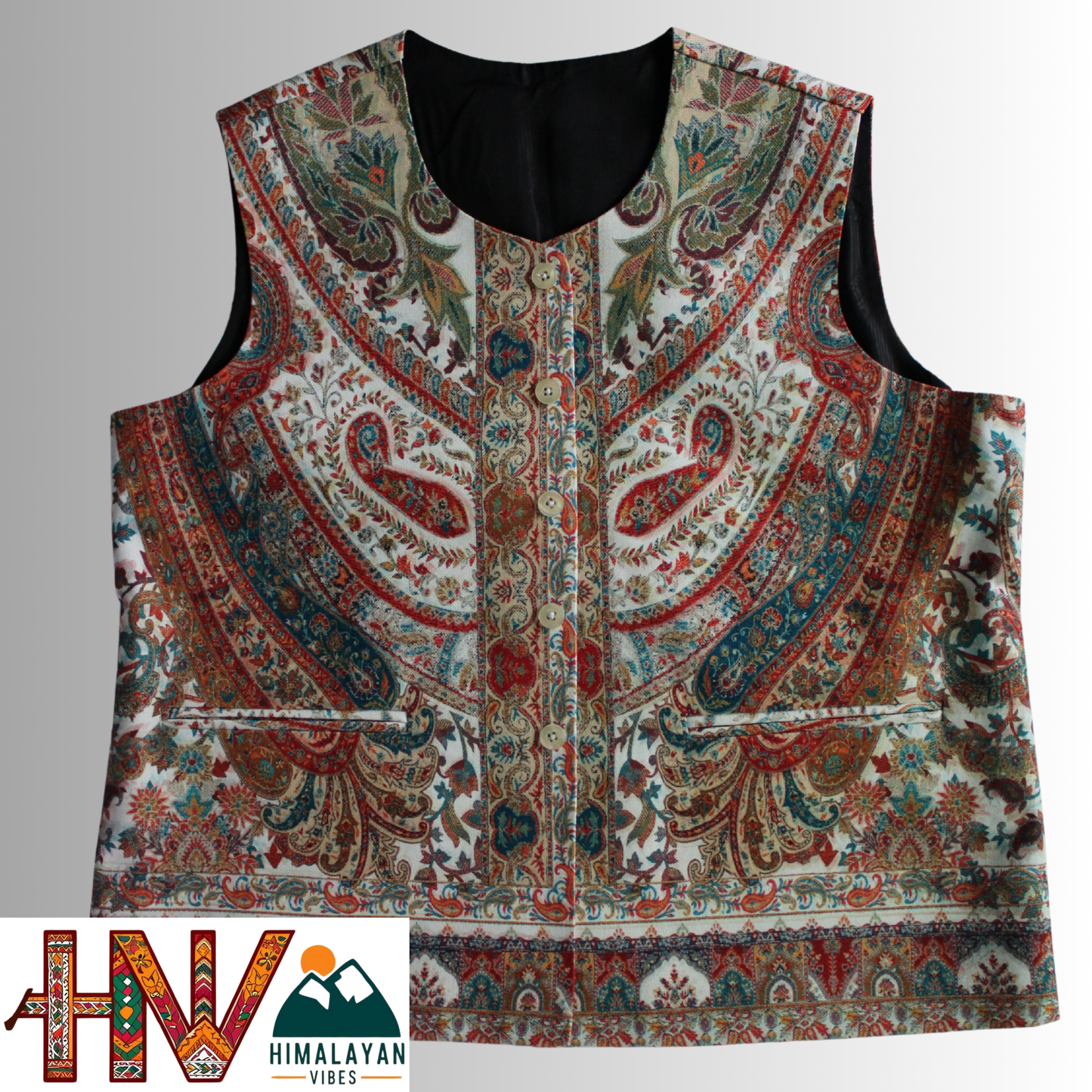 Women Pashmina Blend White Himachali Sadri – Colorful Traditional Waistcoat by Himalayan Vibes