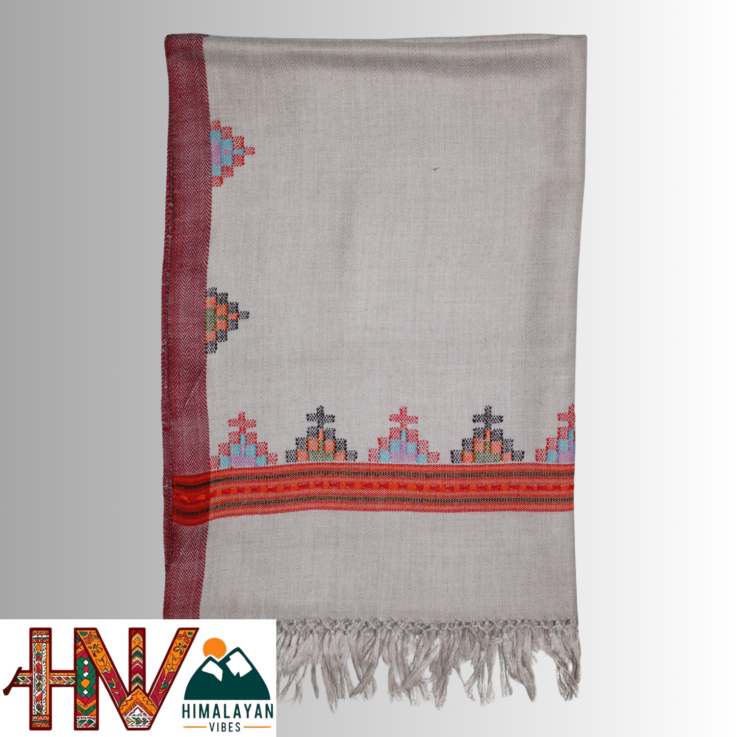 Handwoven cream Kullu Woolen Stole with Traditional Kullu Patti Geometric Motifs with red Border– Handwoven Elegance By Himalayan Vibes