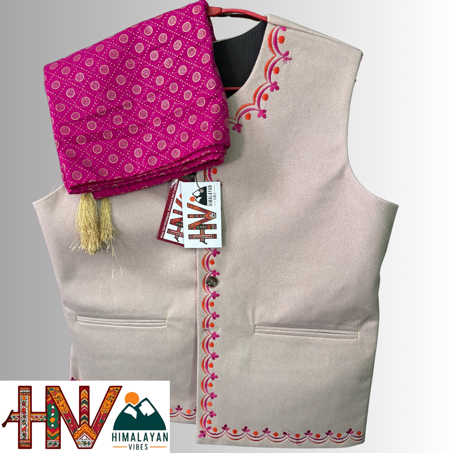 Embroidered Tan color sadri and rubber print pink dhatu combo