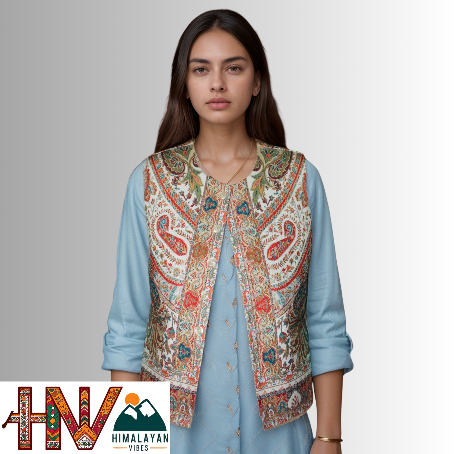 Women Pashmina Blend White Himachali Sadri – Colorful Traditional Waistcoat by Himalayan Vibes