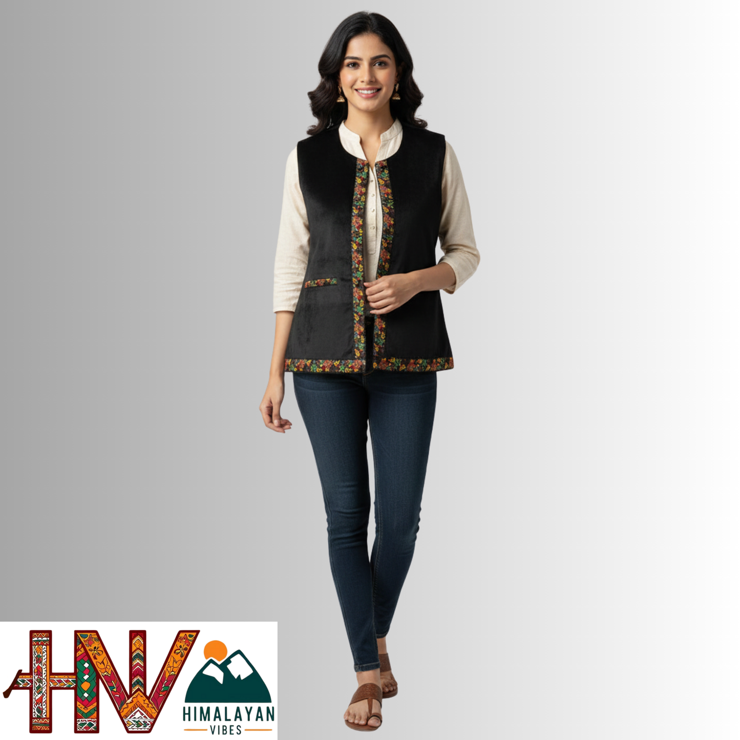 Himachali Black Sadri with embroidered Lace for Women - Martin Fabric Ethnic Half Jacket with Pockets