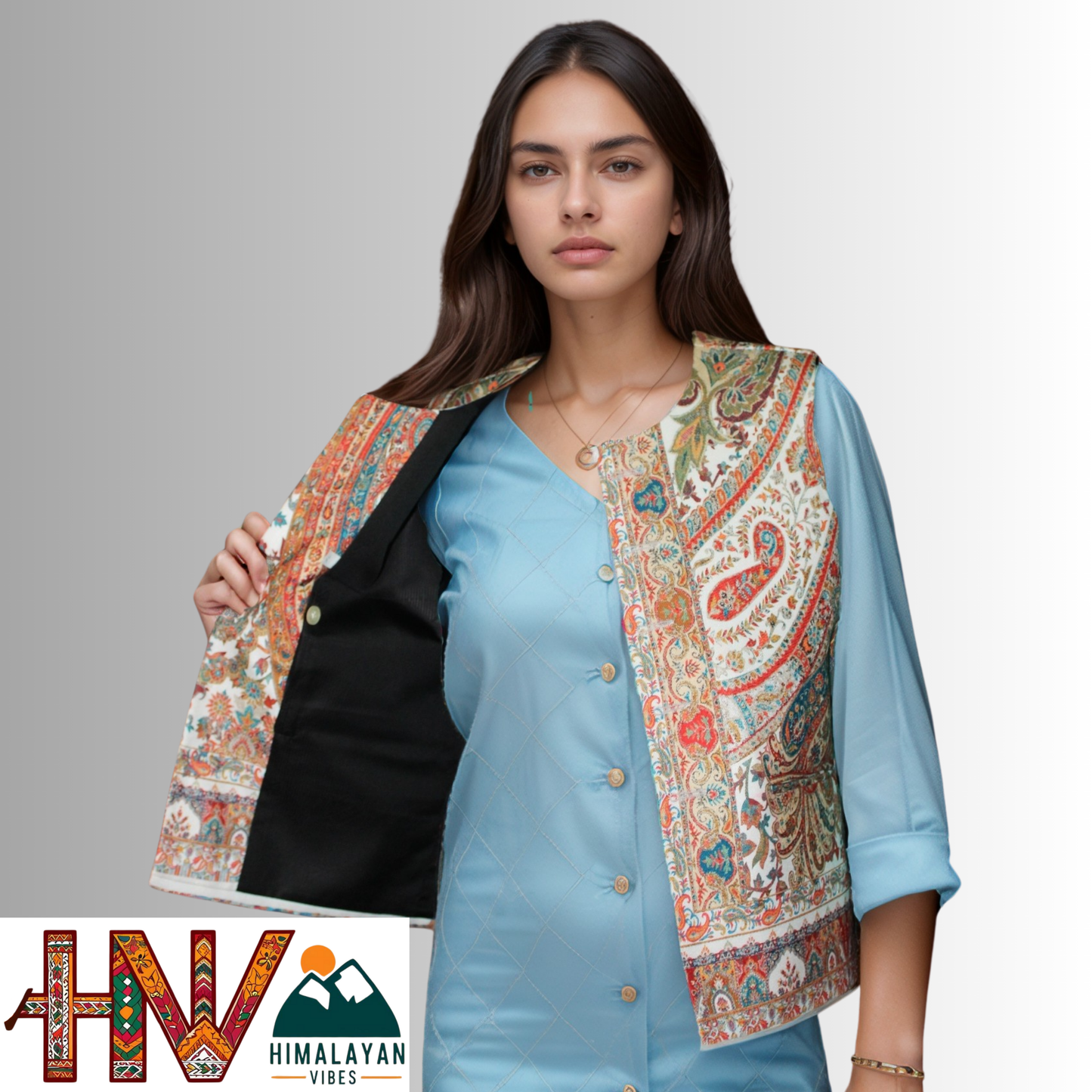 Women Pashmina Blend White Himachali Sadri – Colorful Traditional Waistcoat by Himalayan Vibes