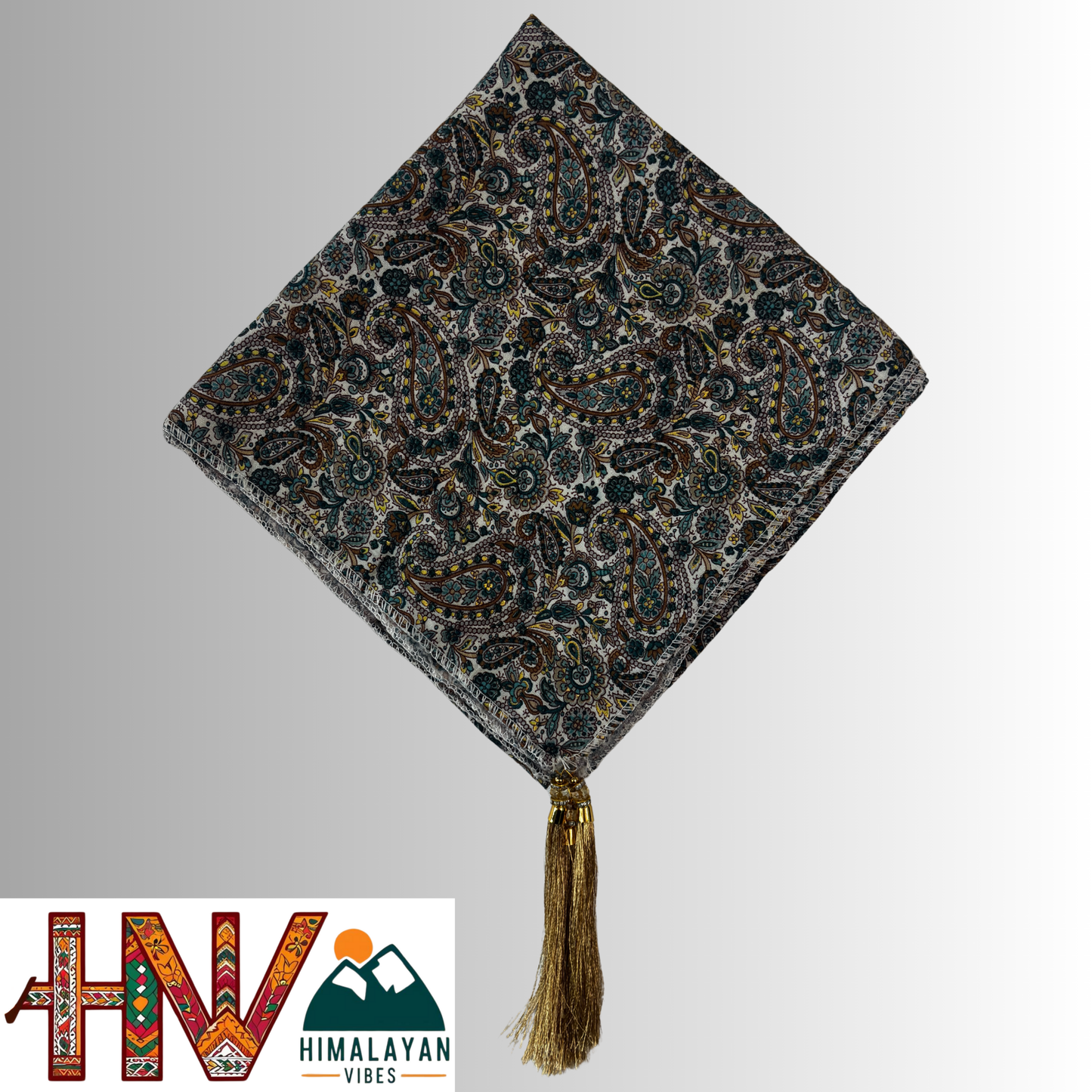 Traditional Himachali Dhatu Headscarf - Teal Floral Paisley Rayon Scarf with Tassels