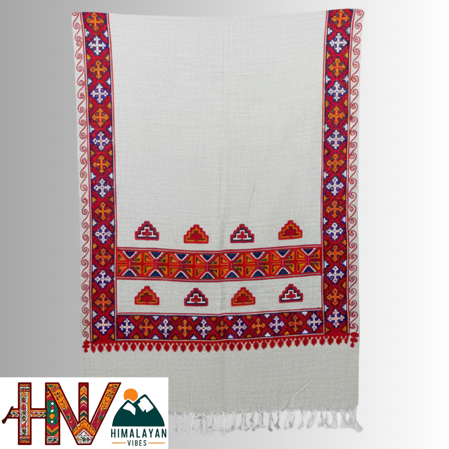 Handwoven cream Kinnauri Woolen Stole with Traditional Kinnauri Patti Geometric Motifs with red Border– Handwoven Elegance By Himalayan Vibes