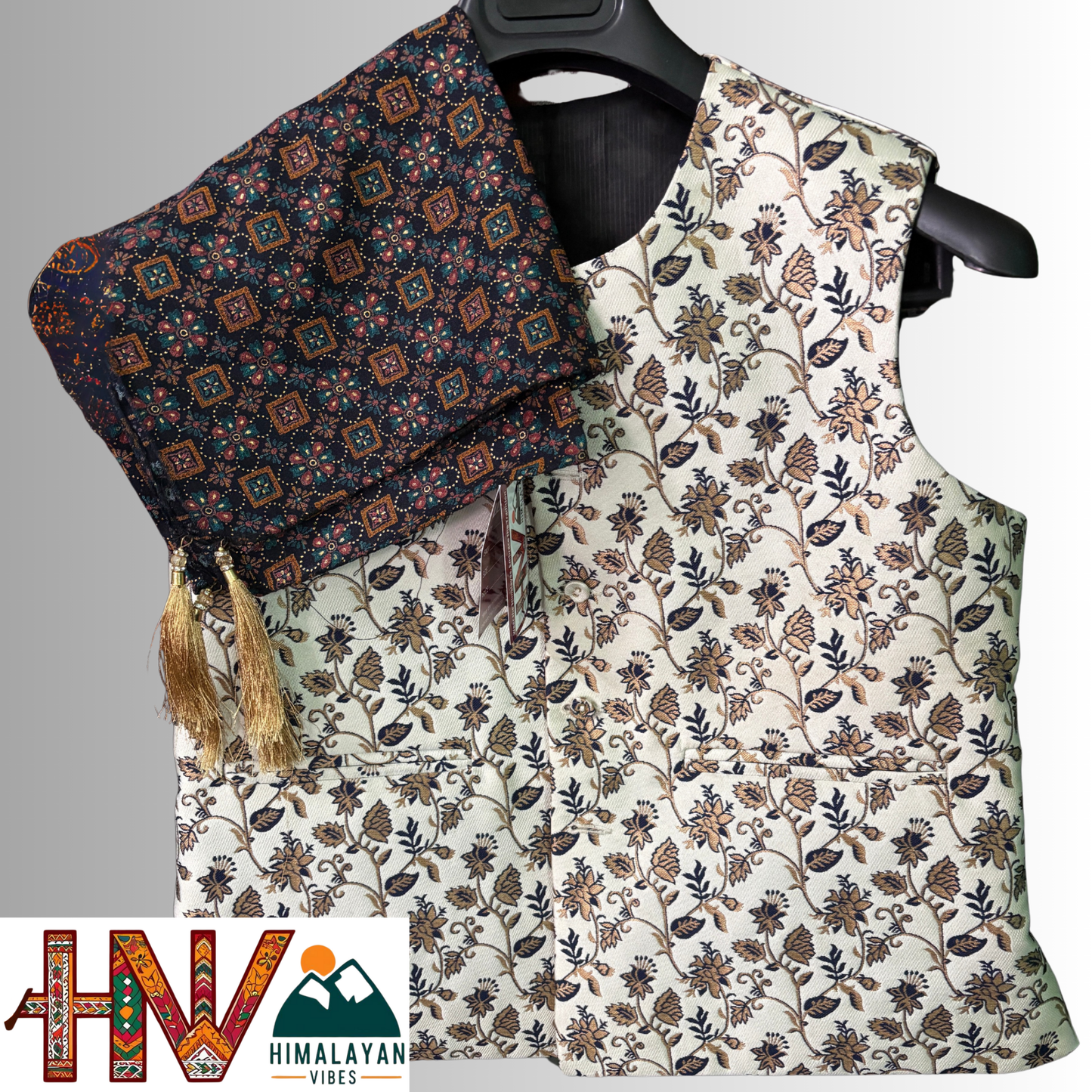 white floral brocade sadri & indigo dhatu combo