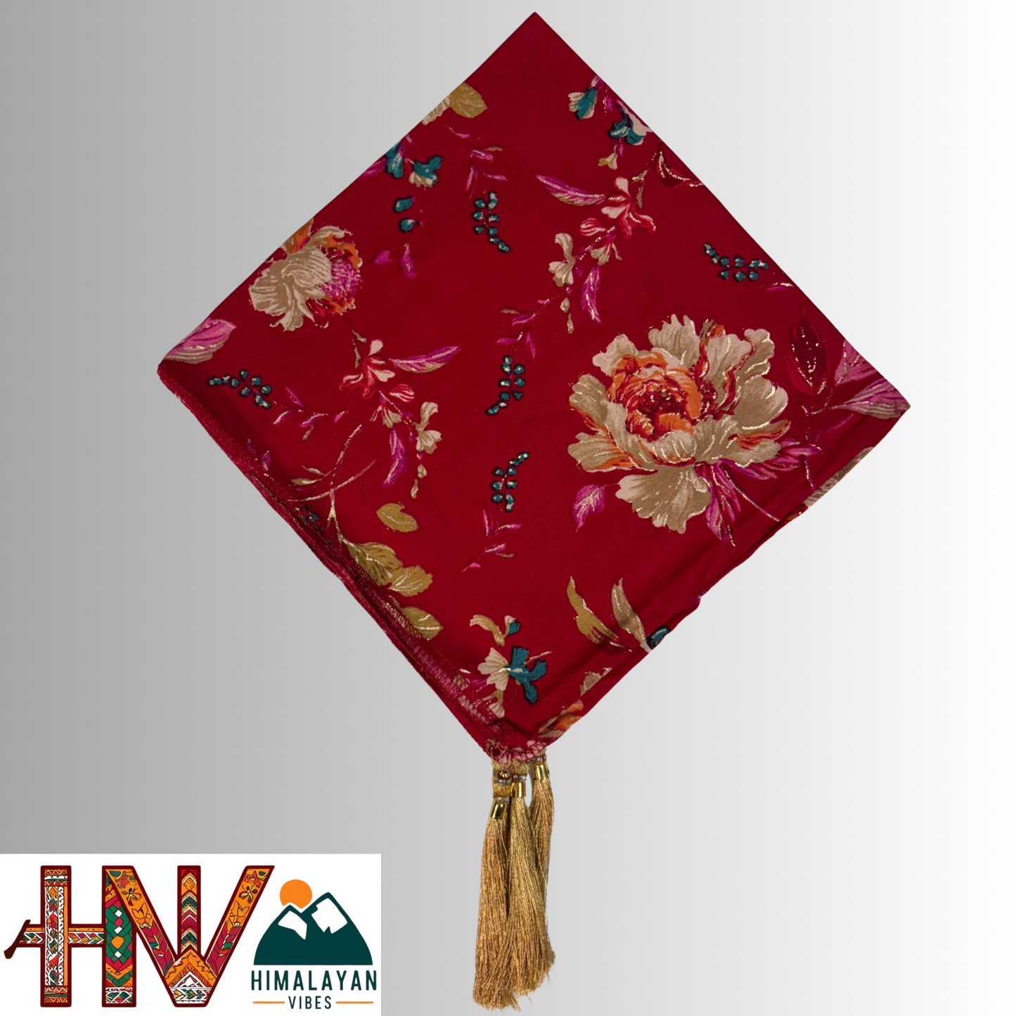 Himalayan Vibes Red Color Himachali Dhatu with Flower Print - Handcrafted Traditional Head Scarf from Himalayas