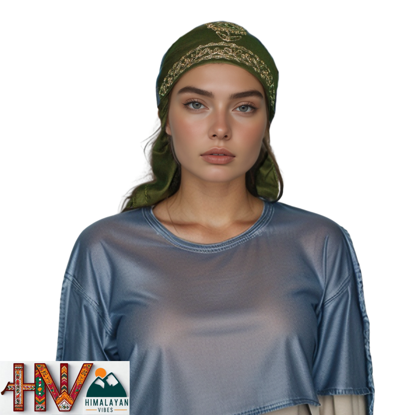 Handcrafted Himachali Olive Green Dhatu with Golden Embroidery – A Unique Embroidered Head Scarf