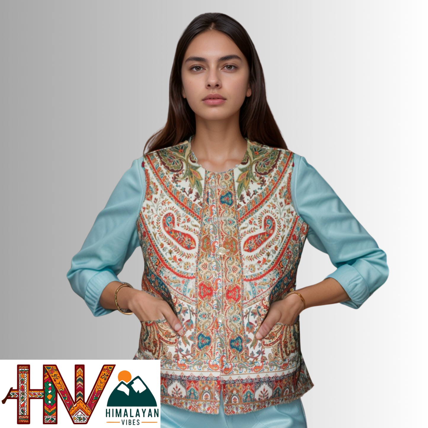 Women Pashmina Blend White Himachali Sadri – Colorful Traditional Waistcoat by Himalayan Vibes