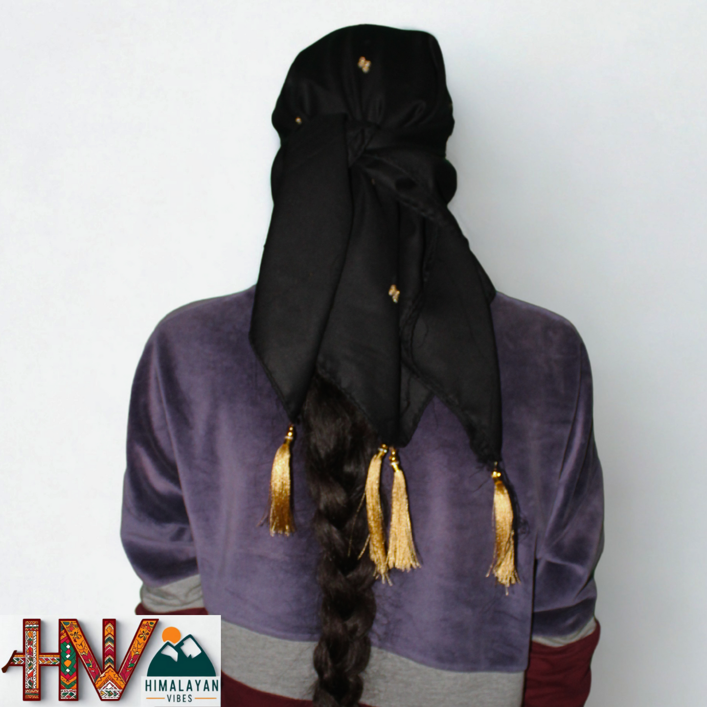 Handcrafted Himachali Black Rayon Dhatu with Golden Embroidery – A Unique Embroidered Head Scarf
