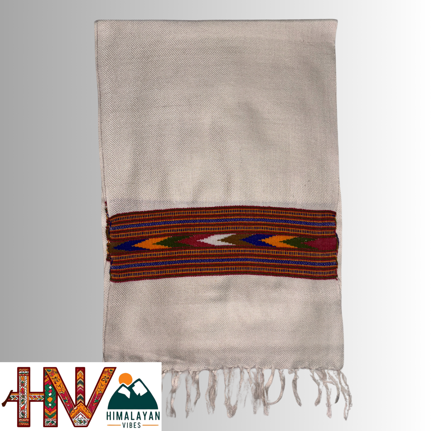 Traditional Kullu Patti Design Wool Muffler | Light Beige Handloom Scarf with Vibrant Geometric Strip By Himalayan Vibes
