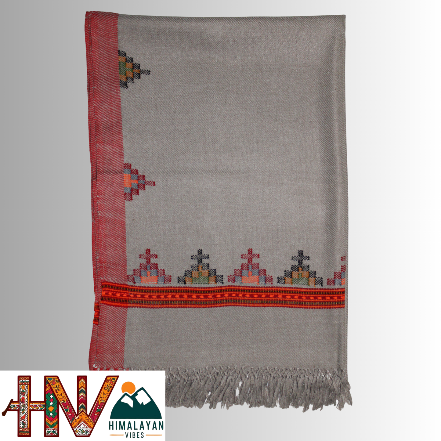 Handwoven Grey Kullu Woolen Stole with Traditional Kullu Patti Geometric Motifs with Red Border– Handwoven Elegance By Himalayan Vibes