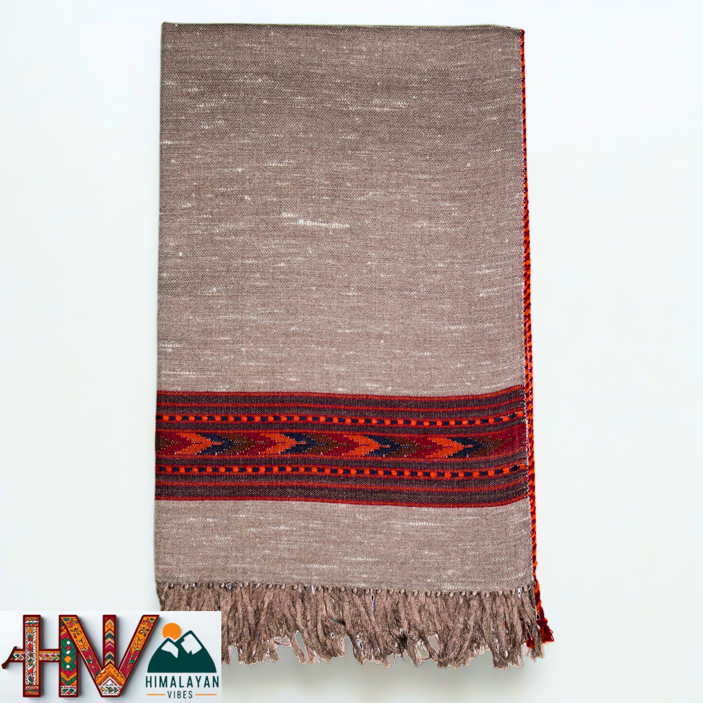 Handwoven Himalayan Brown Wool Stole – Red & Black Striped with Geometric Motif Border