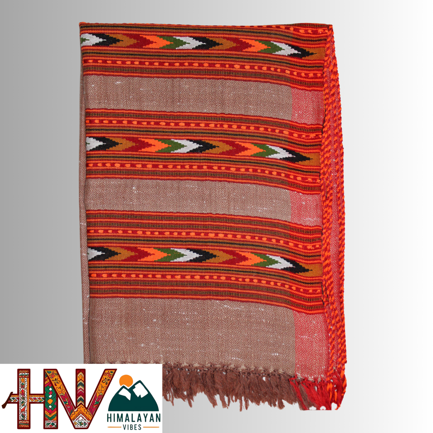 Handwoven caremel Kullu Woolen Stole with Traditional Kullu 3 Patti Design in Vibrant Red Border– Handwoven Elegance By Himalayan Vibes