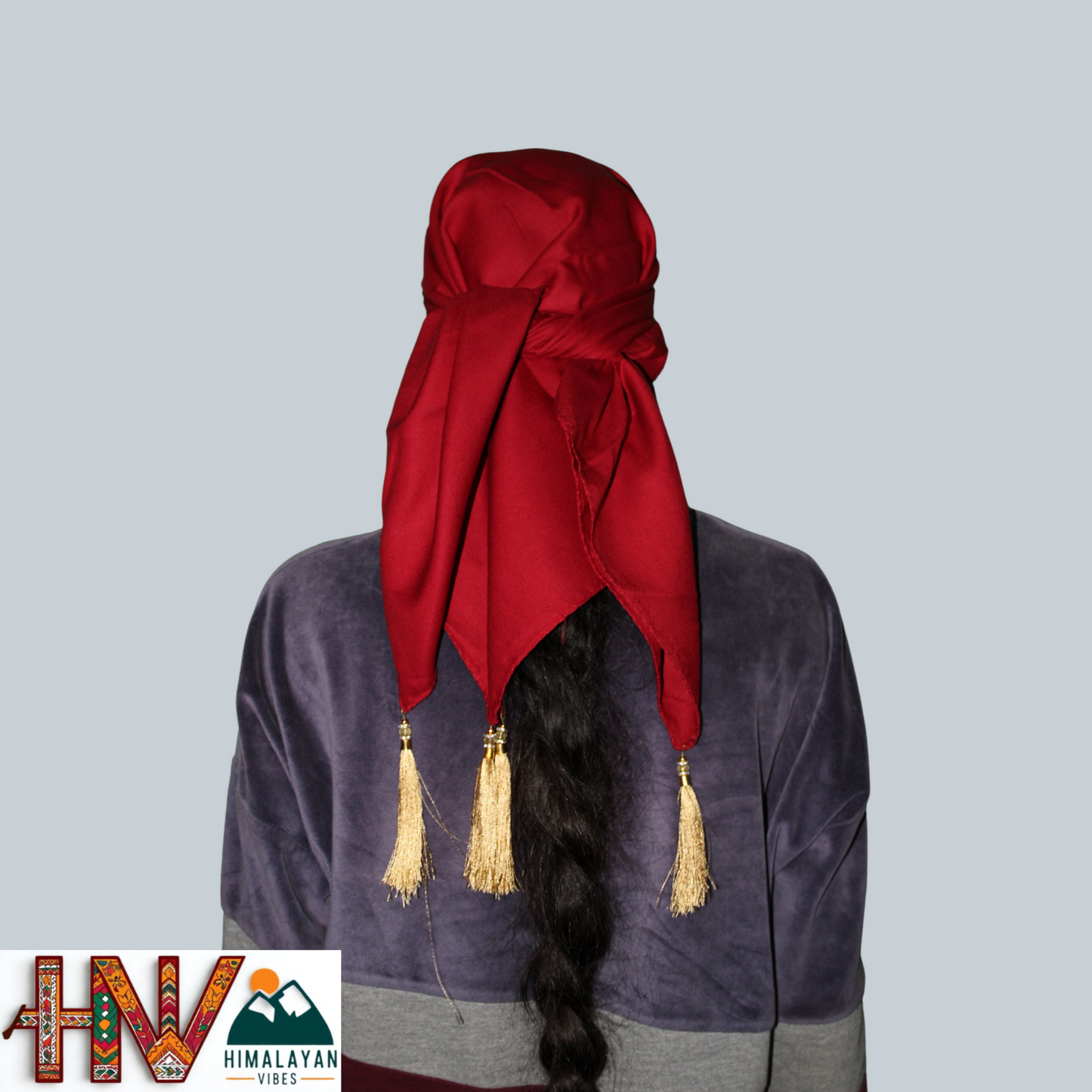 Rayon Plain Red Color Himachali Dhatu - Handcrafted Traditional Head Scarf from Himalayas
