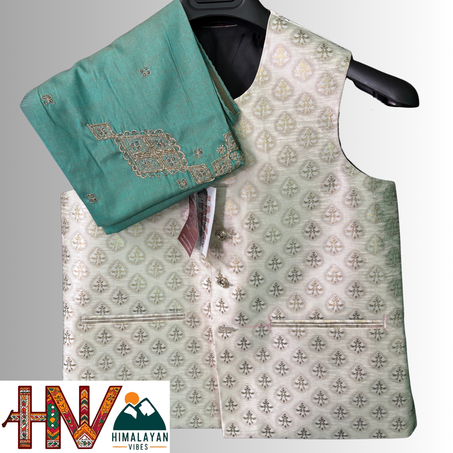 White brocade silk sadri & sea green embroidered dhatu combo