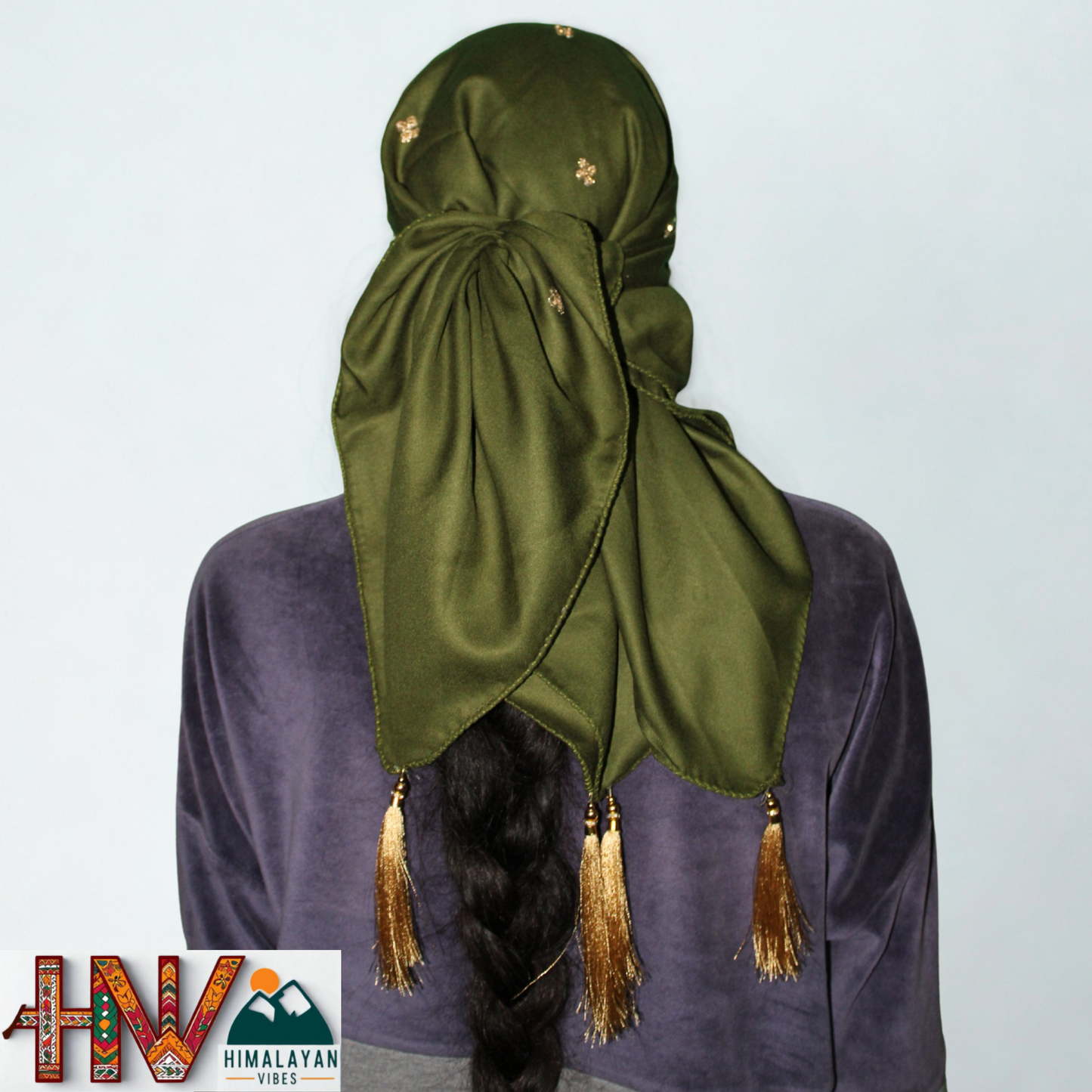 Handcrafted Himachali Olive Green Dhatu with Golden Embroidery – A Unique Embroidered Head Scarf