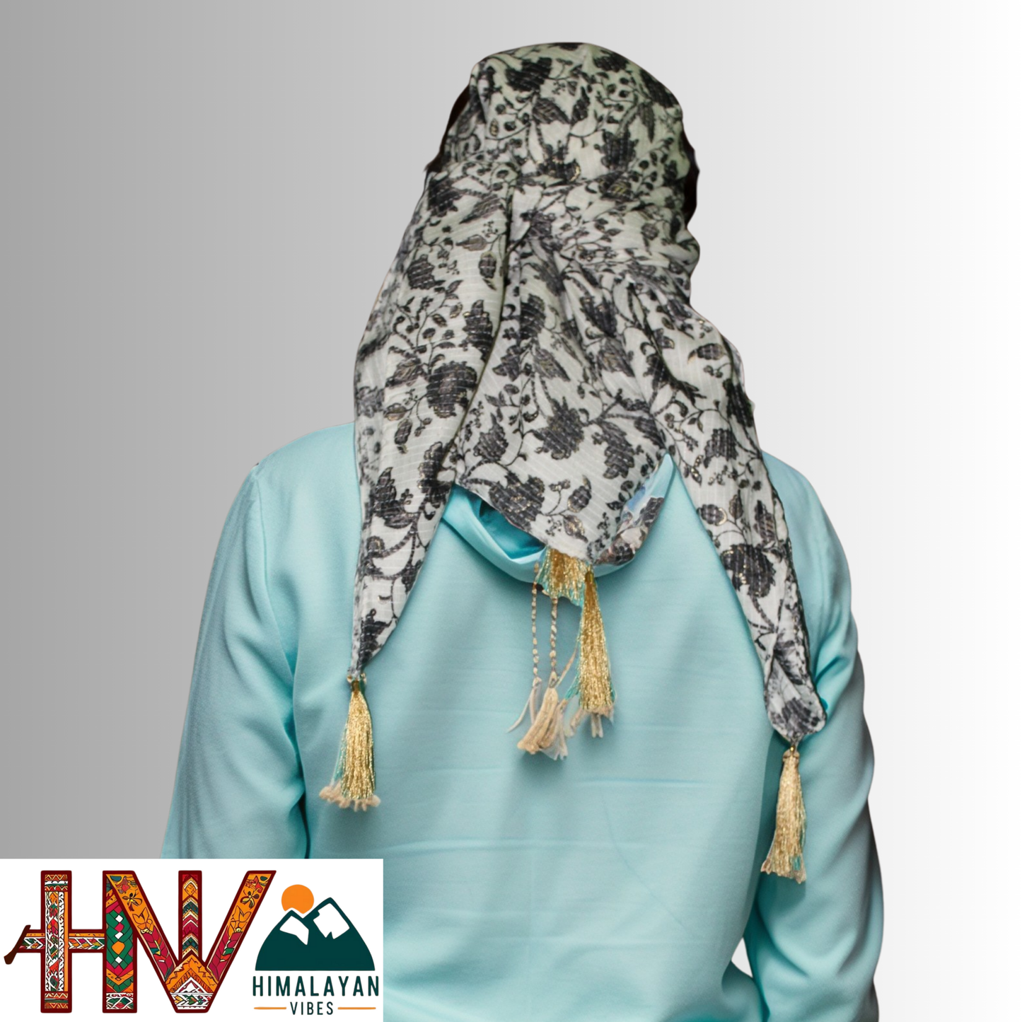 Himalayan Vibes white Color Himachali Dhatu with Floral Print - Handcrafted Traditional Head Scarf from Himalayas