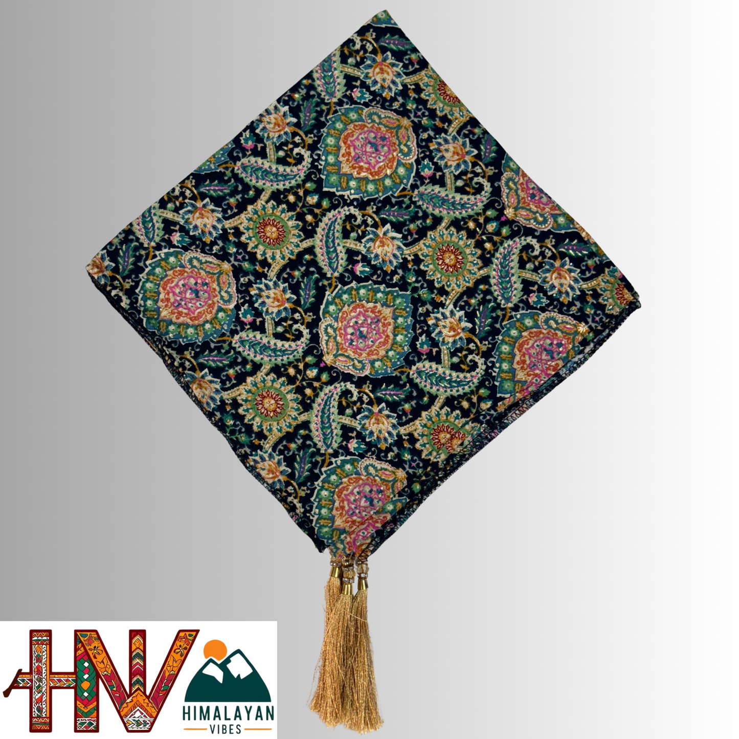Himalayan Vibes Dark Blue Color Himachali Dhatu with Green Print - Handcrafted Traditional Head Scarf from Himalayas