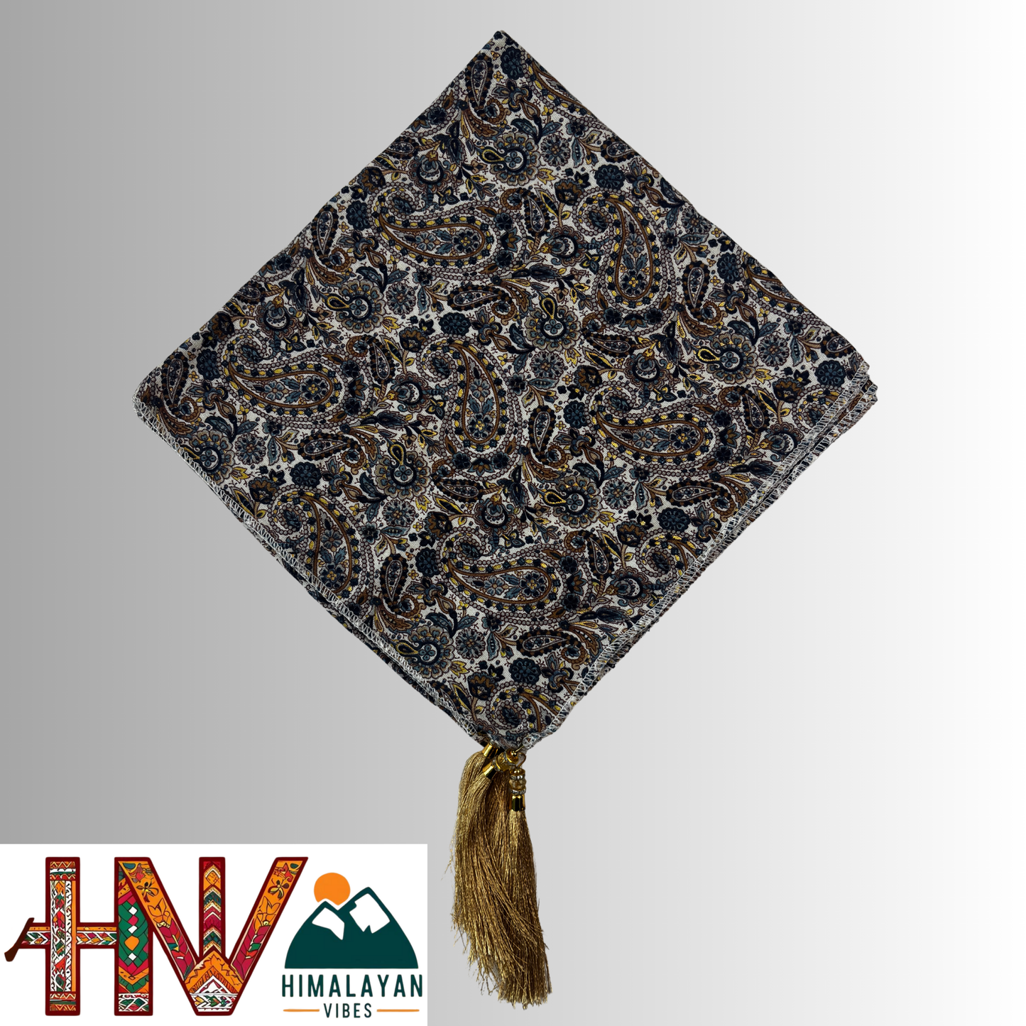 Traditional Himachali Dhatu Headscarf – Premium Rayon Grey Paisley Print with Gold Tassels