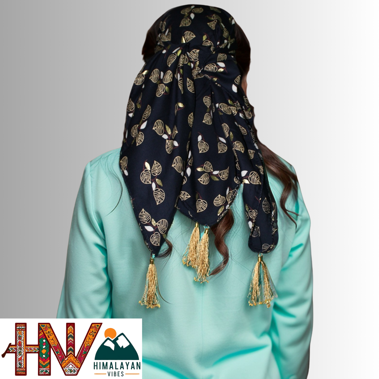 Himalayan Vibes Navy Blue Color Himachali Dhatu with Leaf Print - Handcrafted Traditional Head Scarf from Himalayas