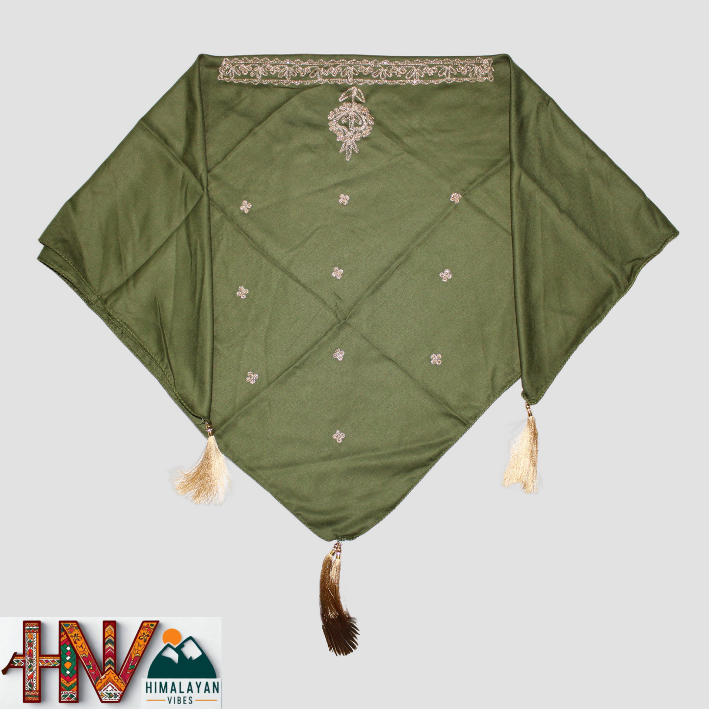 Handcrafted Himachali Olive Green Dhatu with Golden Embroidery – A Unique Embroidered Head Scarf