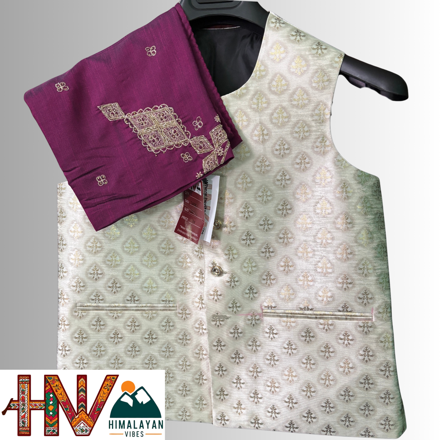 White brocade silk sadri & wine embroidered dhatu combo