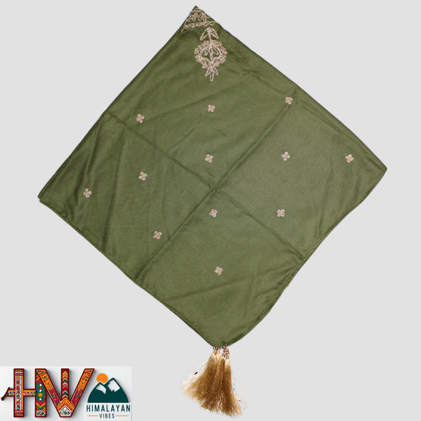 Handcrafted Himachali Olive Green Dhatu with Golden Embroidery – A Unique Embroidered Head Scarf