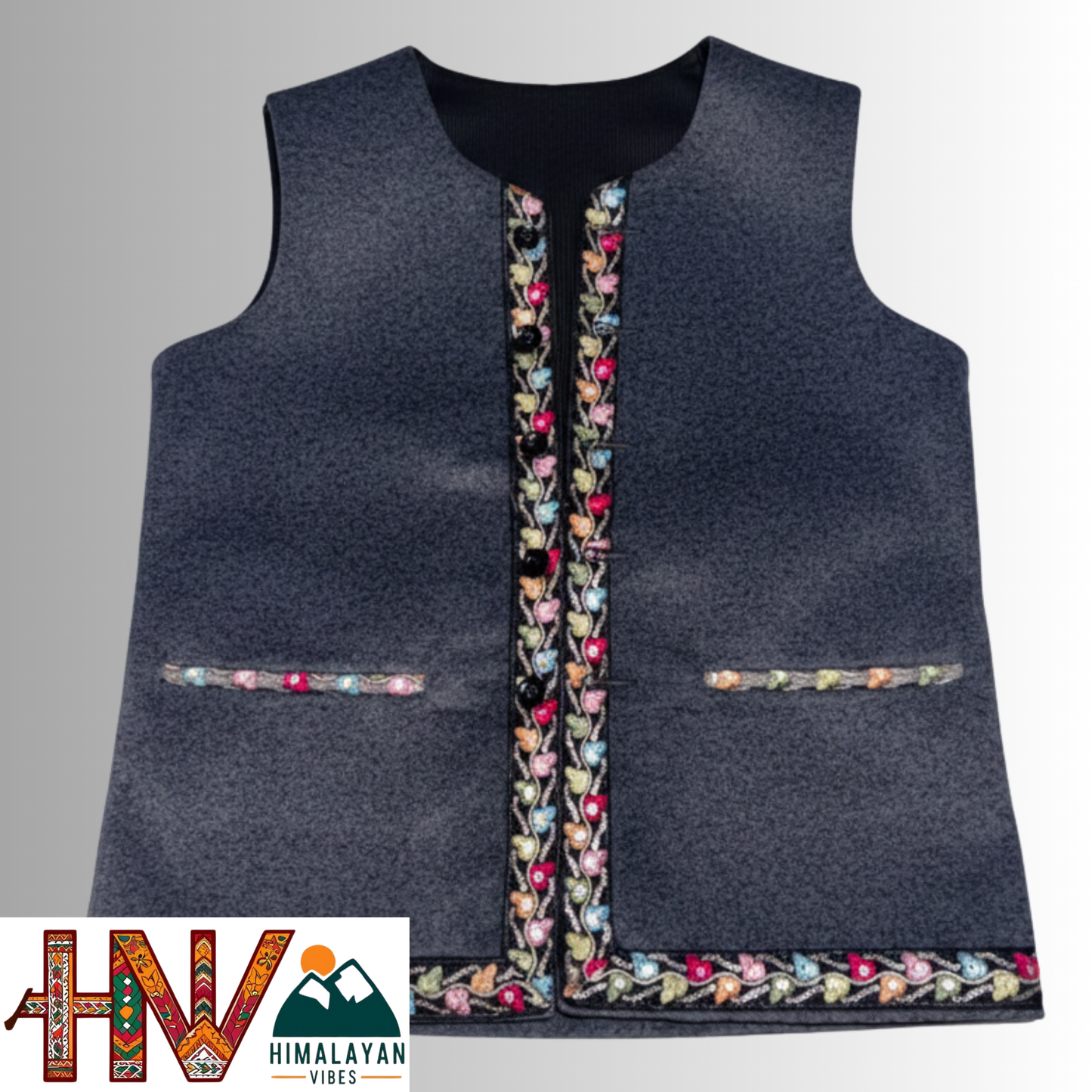 Himachali Dark Grey Sadri with embroidered Lace for Women - Martin Fabric Ethnic Half Jacket with Pockets