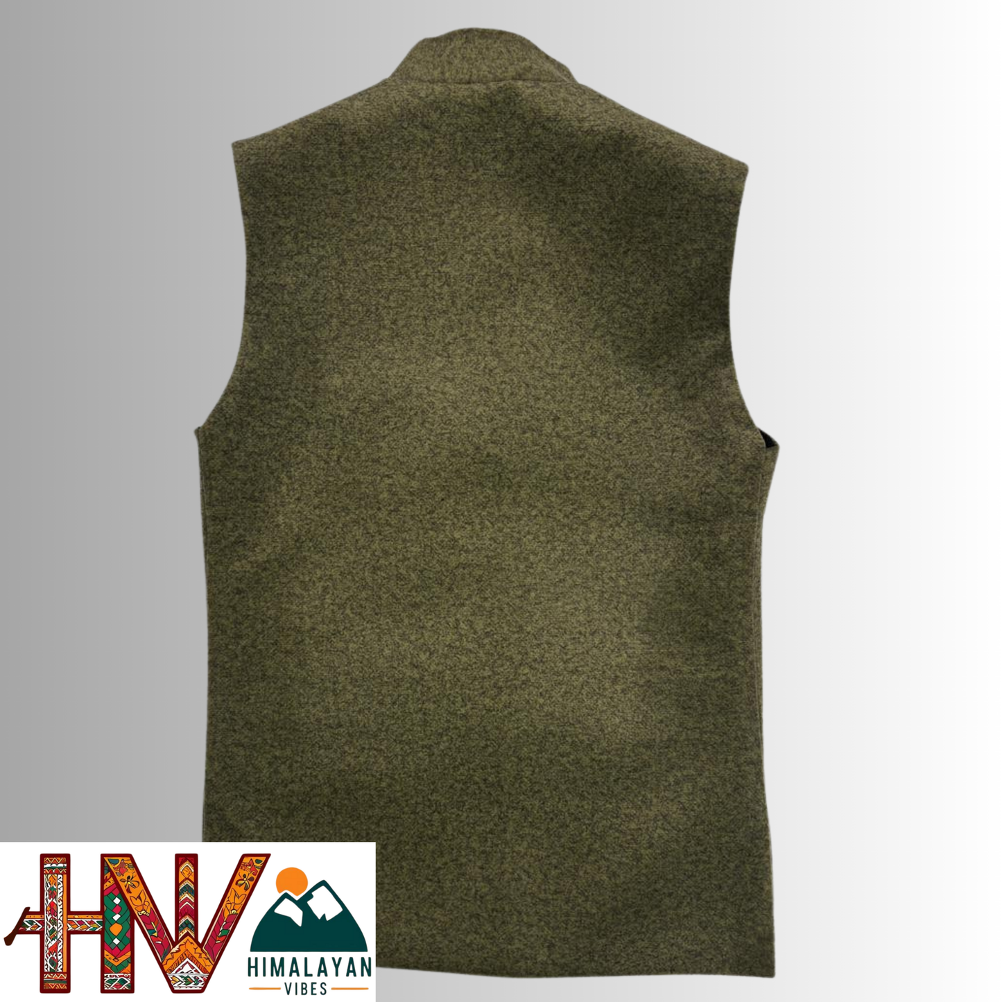Boys Sleeveless Olive Green Nehru Jacket in Martin Fabric – Handcrafted Himachali Ethnic Waistcoat with Decorative Pocket Square