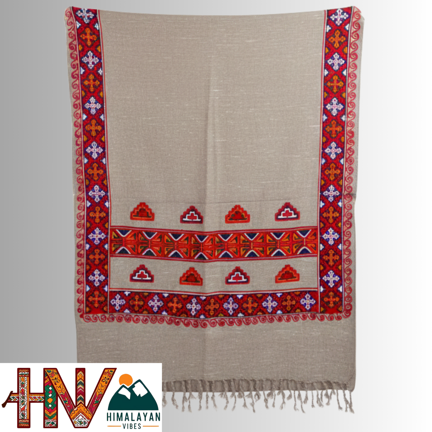 Handwoven Grey Kinnauri Woolen Stole with Traditional Kinnauri Patti Geometric Motifs with red Border– Handwoven Elegance By Himalayan Vibes