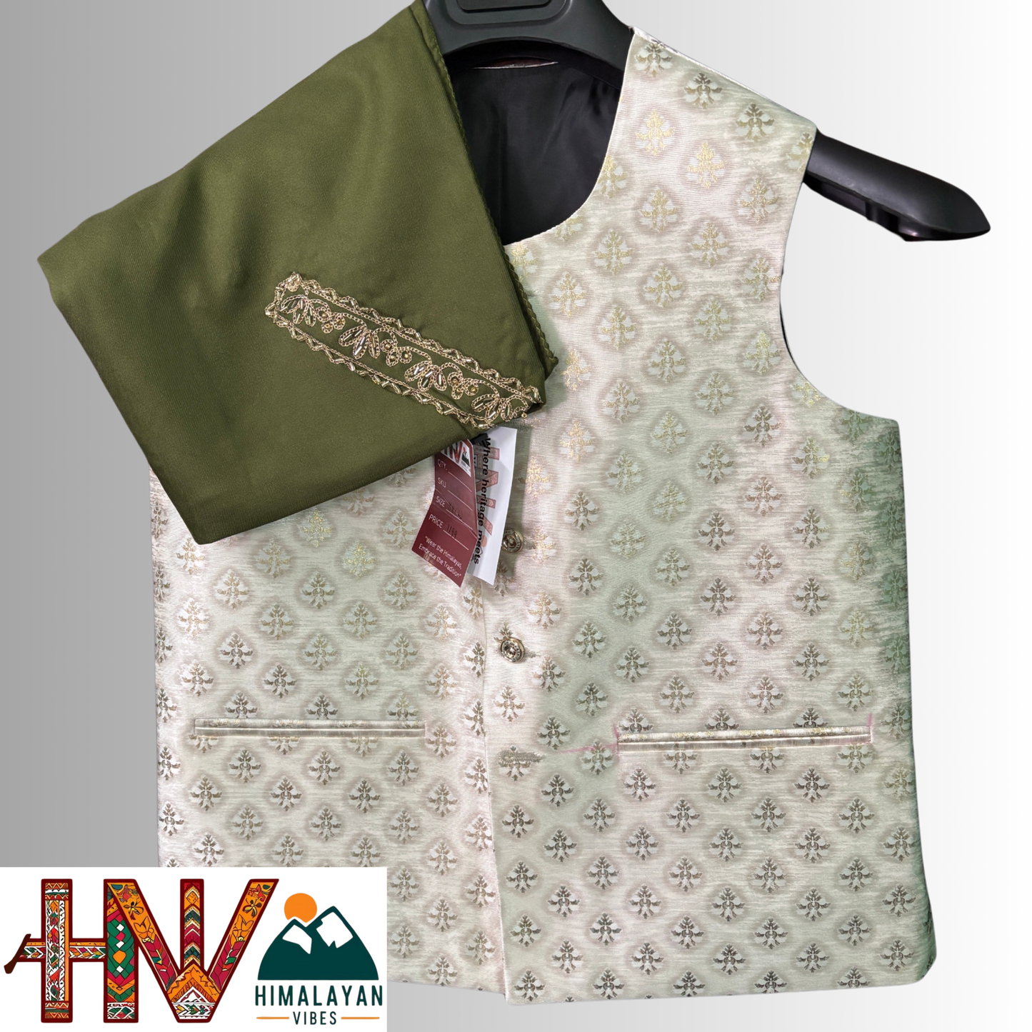Brocade silk sadri & olive green embroidered dhatu combo