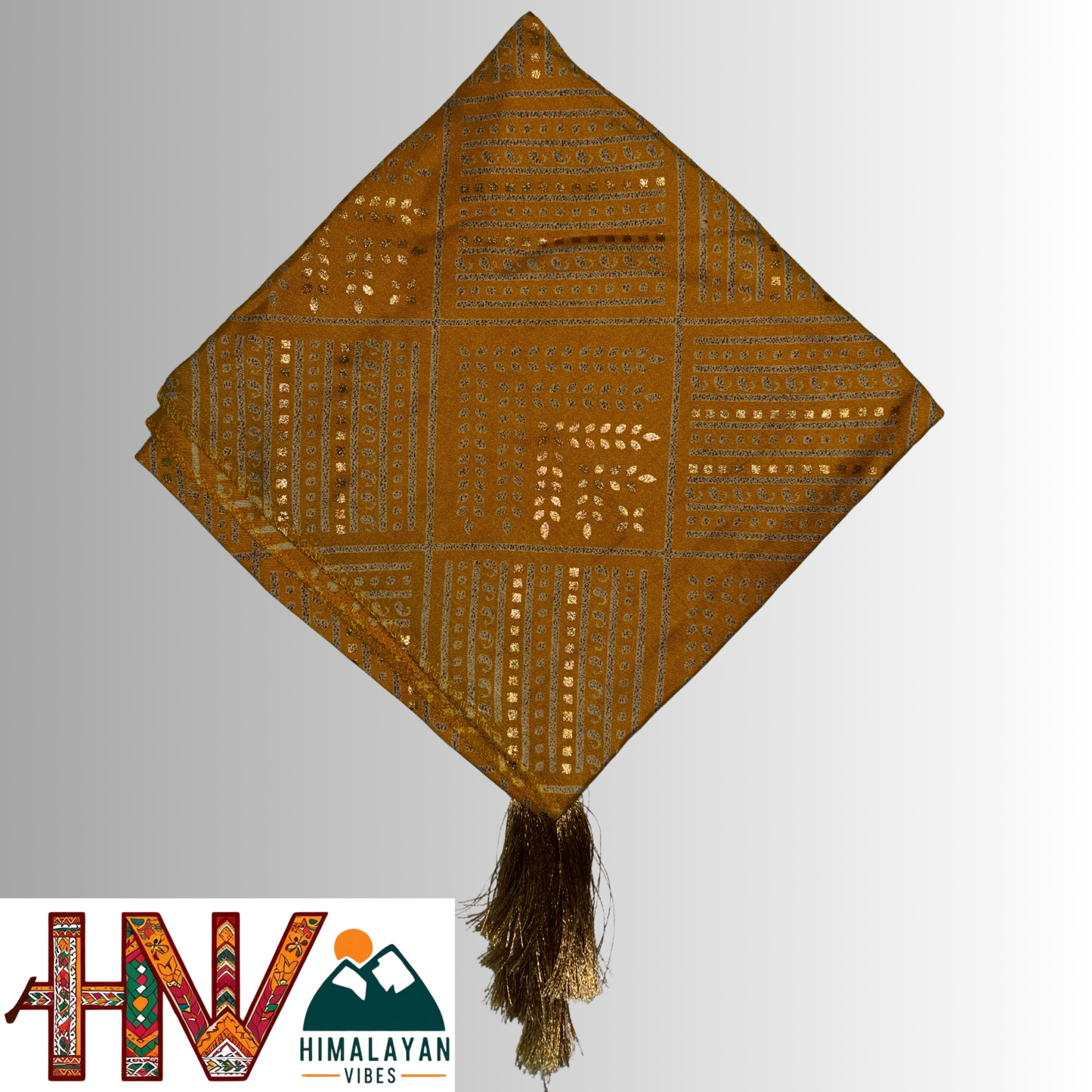 Himalayan Vibes Alpine Mustard Color Floral Printed Himachali Dhatu - Handcrafted Traditional Head Scarf from Himalayas