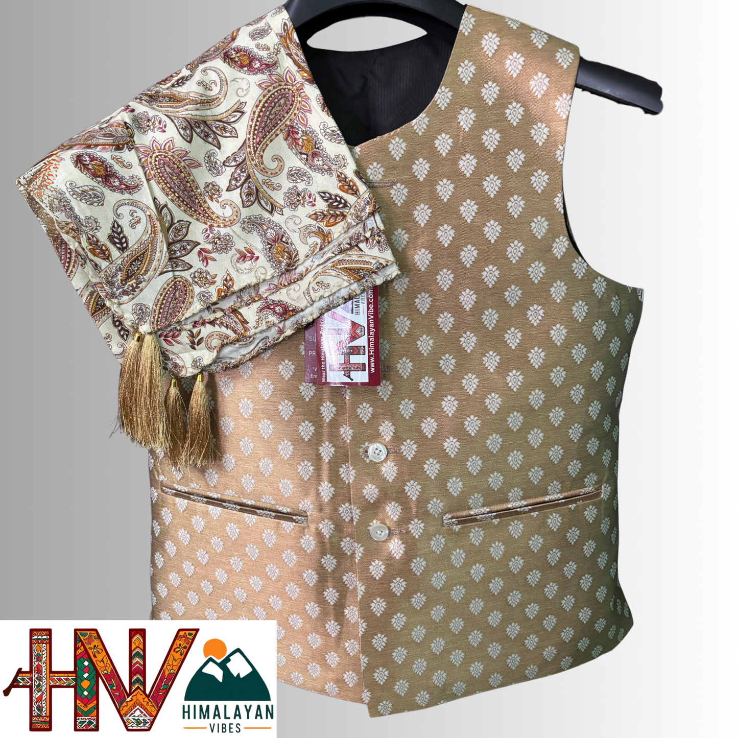 golden brown brocade sadri & cream multicolor print dhatu combo