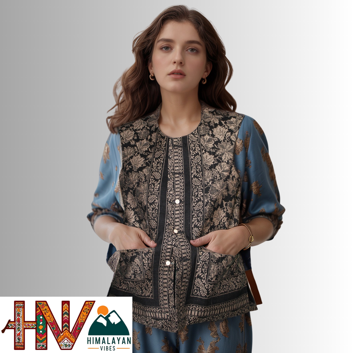Women Pashmina Blend Black Color Himachali Sadri with Leaf pattern – Traditional Waistcoat by Himalayan Vibes