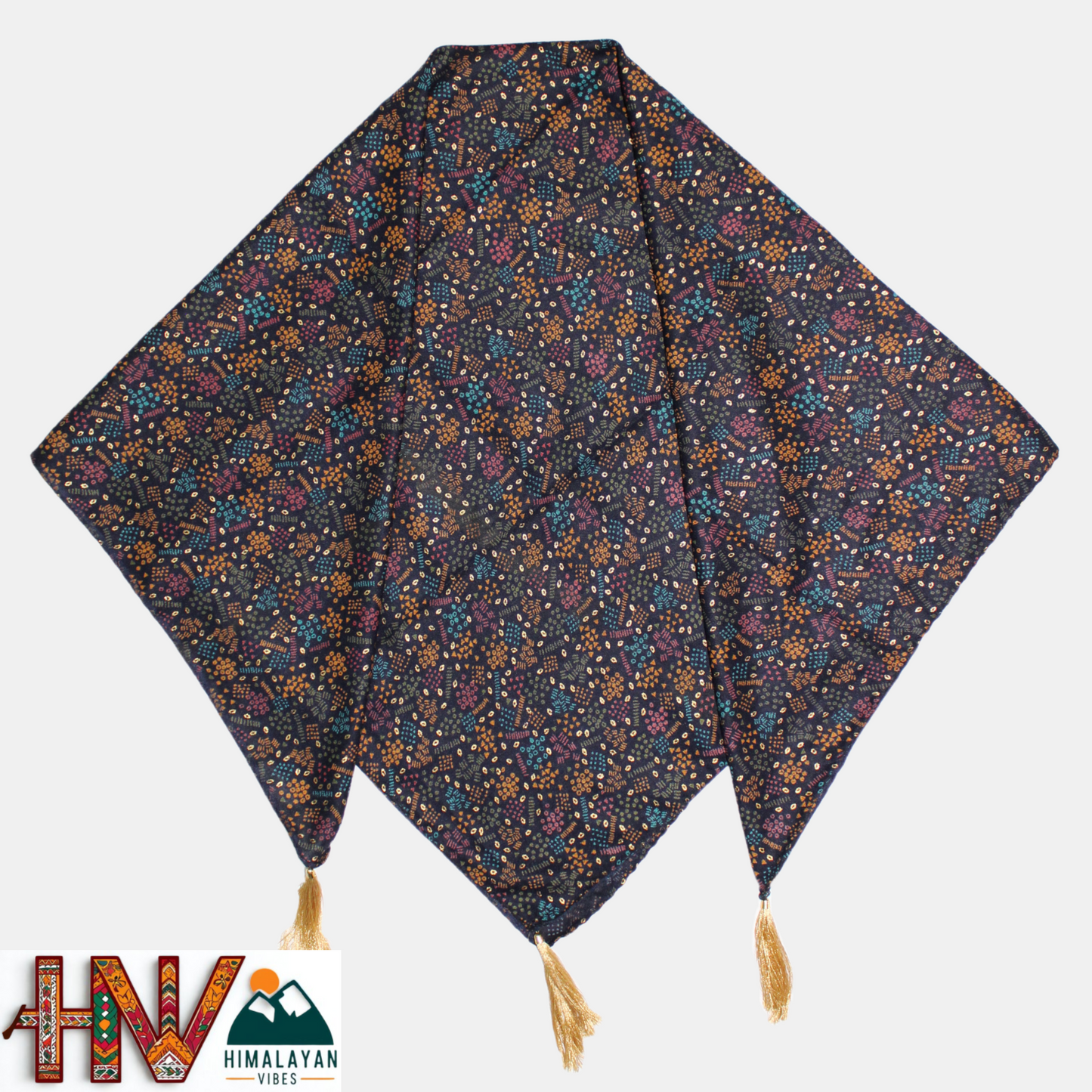 Alpine Indigo Color Printed Gold Himachali Dhatu - Handcrafted Traditional Head Scarf from Himalayas