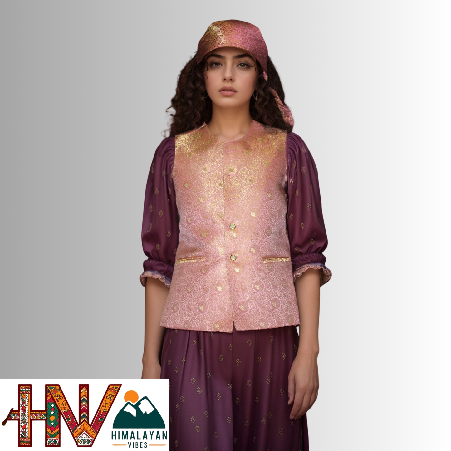Women's Lavender Color Printed Sadri with Golden floral pattern - Elegant Brocade Festive Wear with Inner Pockets