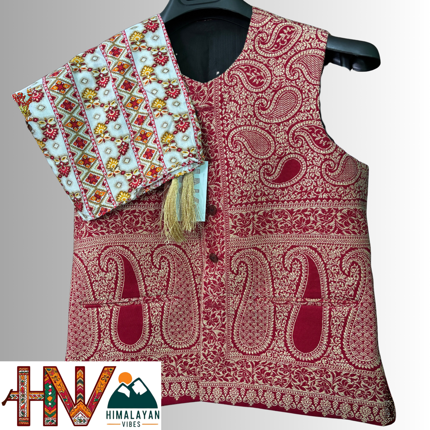 Pashmina blend red sadri & white dhatu with red print combo
