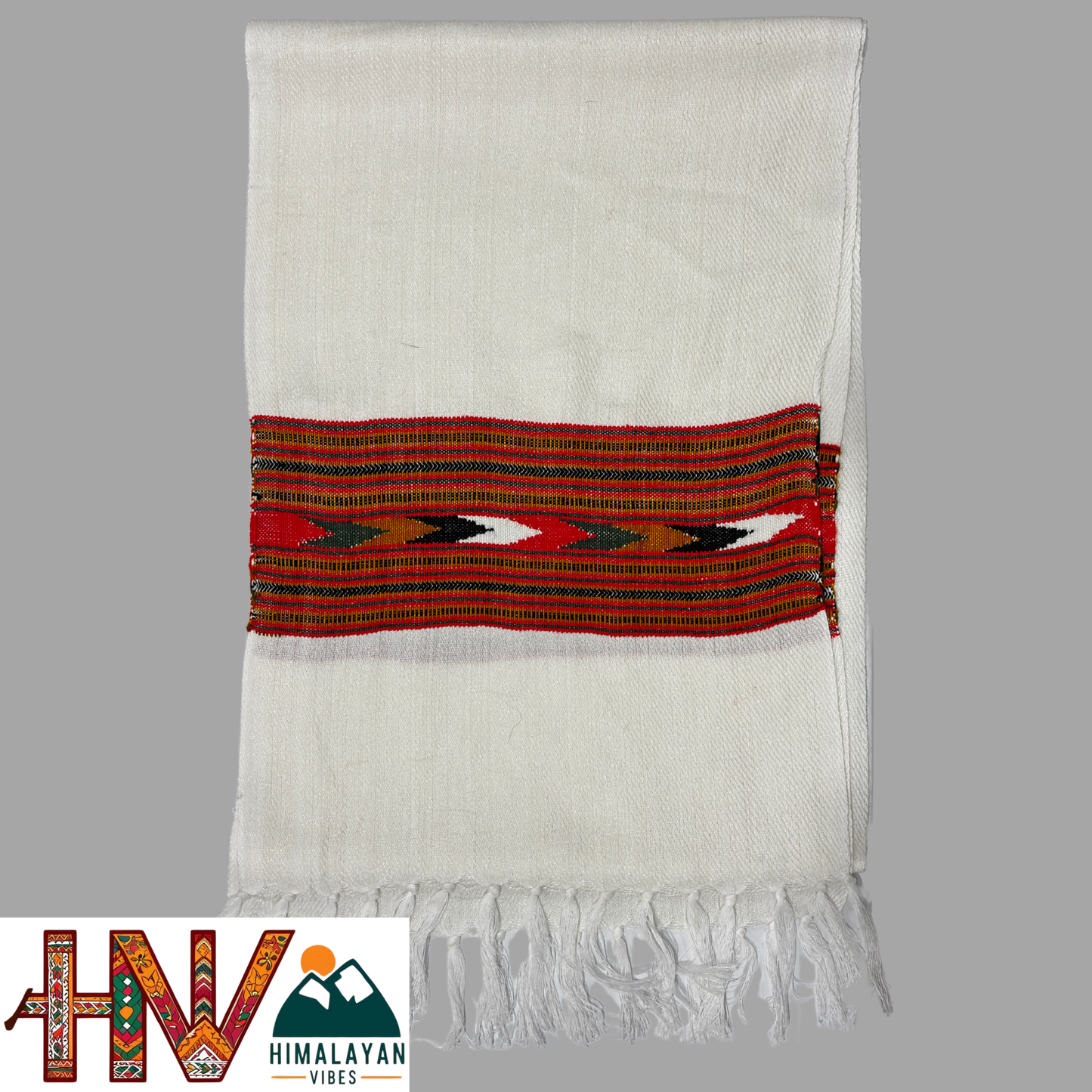 Traditional Kullu Patti Design Wool Muffler | White Handloom Scarf with Vibrant Geometric Strip By Himalayan Vibes