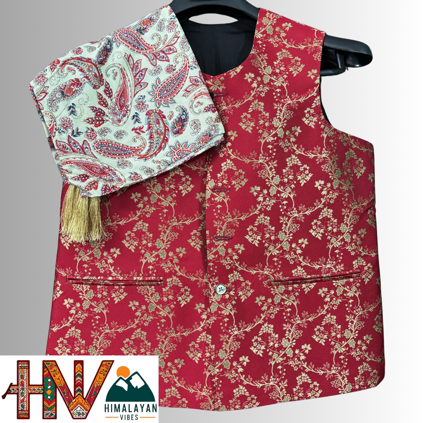 red brocade sadri & cream dhatu with red print combo