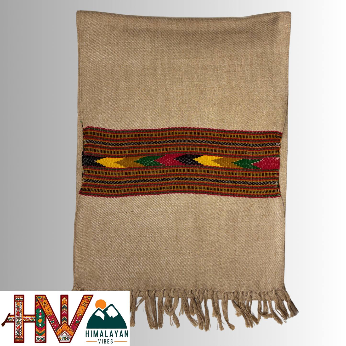 Traditional Kullu Patti Design Wool Muffler | Fawn Handloom Scarf with Earthy Geometric Strip By Himalayan Vibes