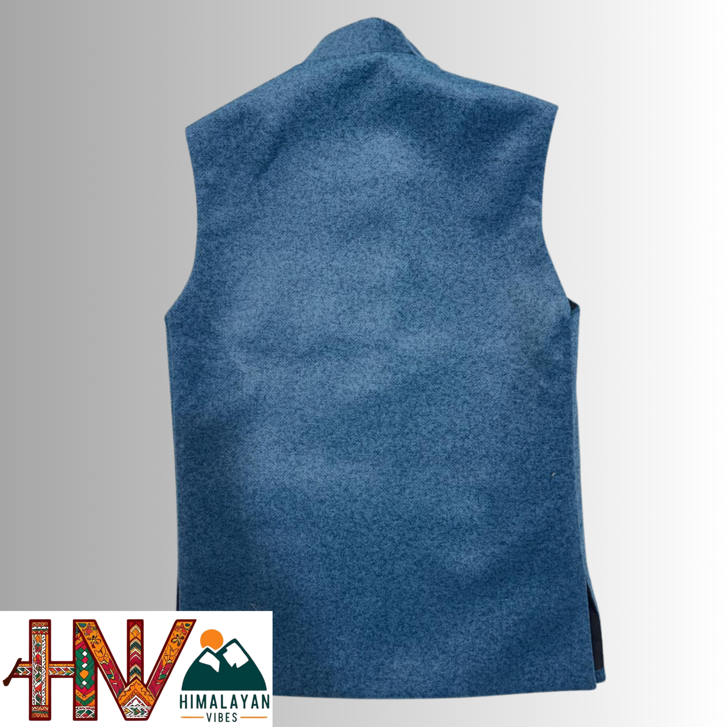 Boys Sleeveless Nehru Jacket in Blue Martin Fabric – Handcrafted Himachali Wool Blend Waistcoat with Designer Pocket Square