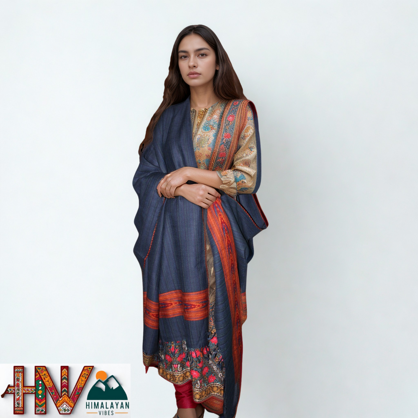 Handwoven Blue Grey Kullu Shawl – 100% Pure Sheep Wool with Traditional Himalayan Craftsmanship