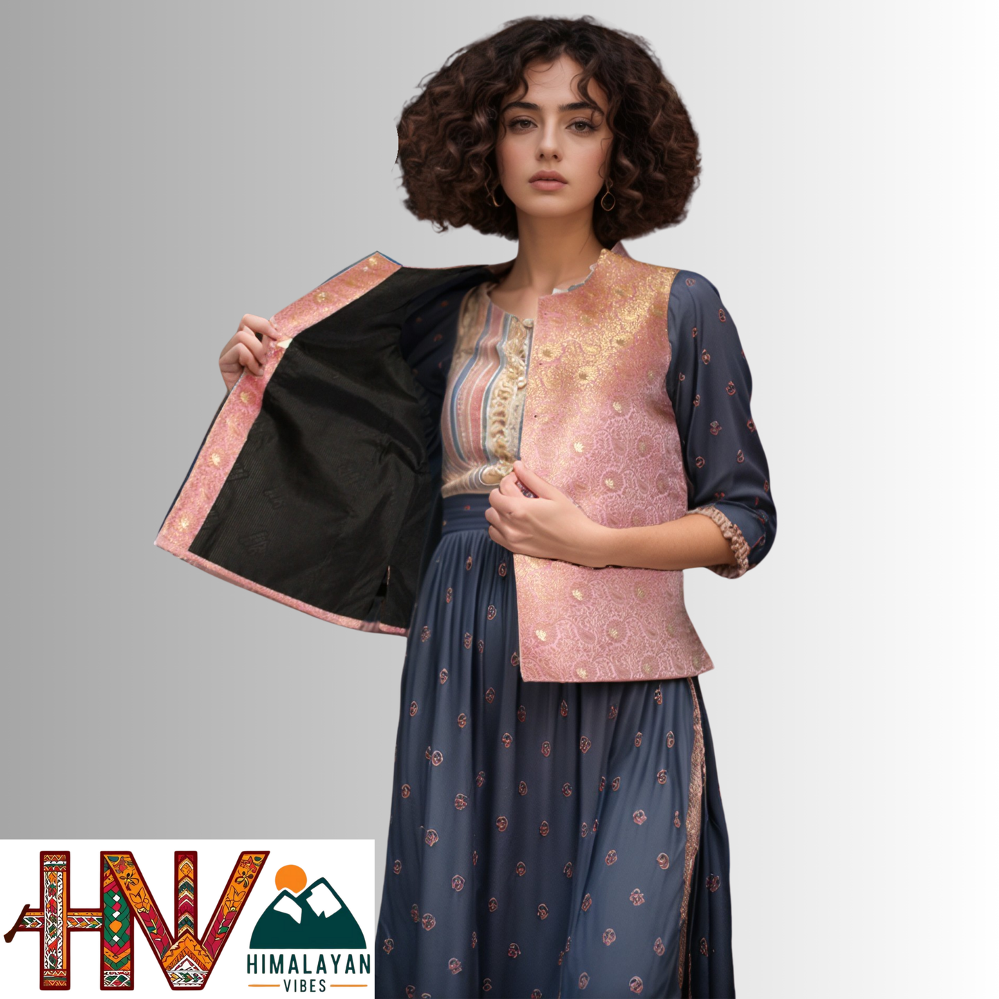 Women's Lavender Color Printed Sadri with Golden floral pattern - Elegant Brocade Festive Wear with Inner Pockets